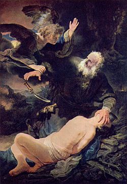 An angel prevents the sacrifice of Isaac. Abraham and Isaac, Rembrandt, 1634